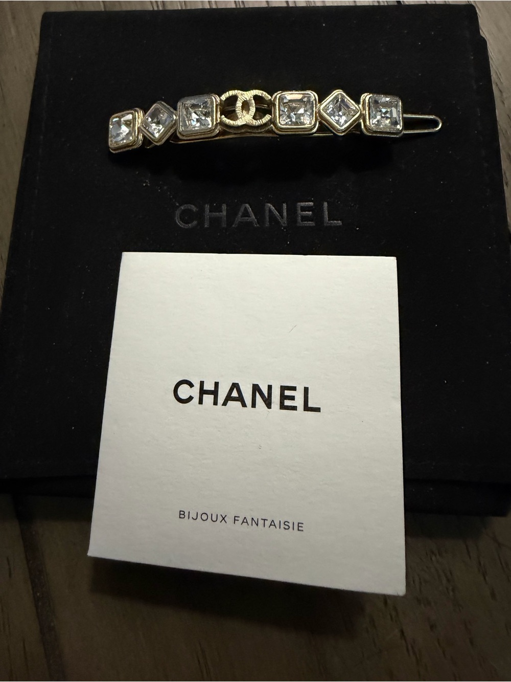 CHANEL Gold and Clear Crystal CC Logo Hair Barrette